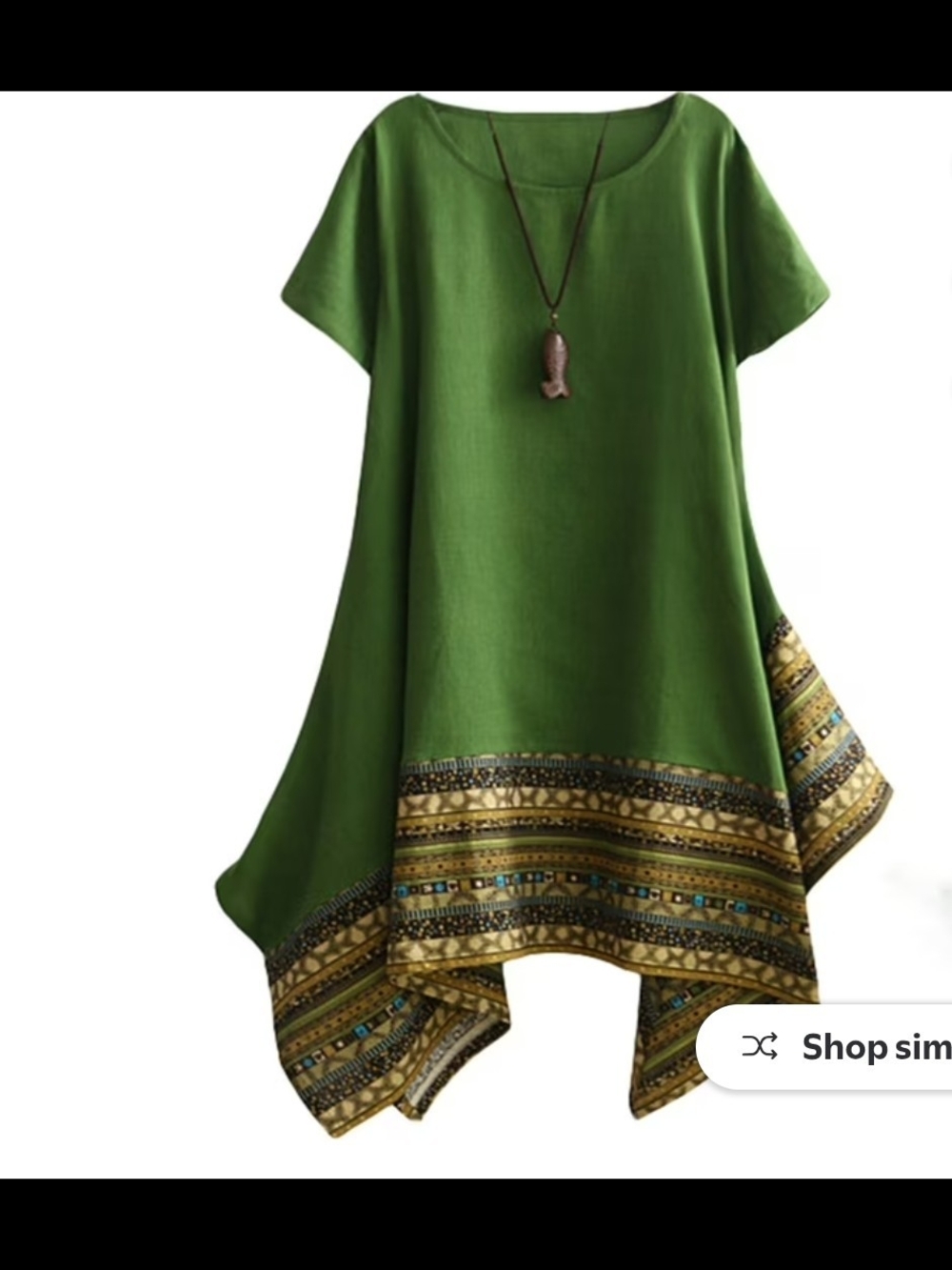 Bohemian Green Cotton Linen Tunic Dress / Top with Decorative Hem